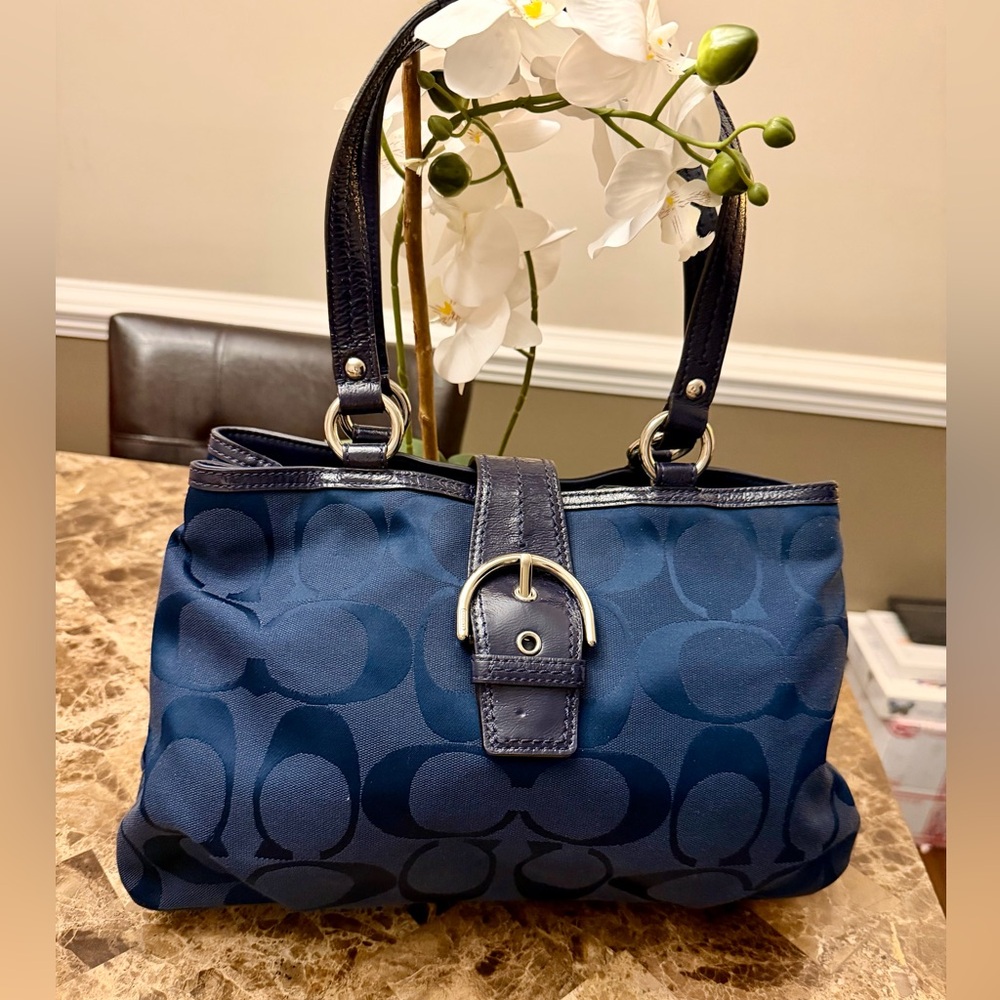 Coach Navy Signature Jacquard Shoulder Bag with Leather Trim